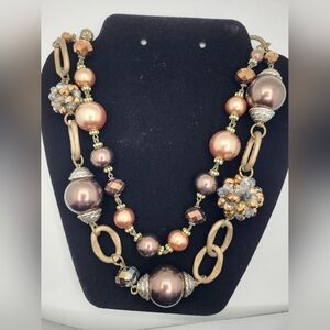 Vintage Two-strand Brown/Taupe Bead & Rhinestone Necklace Silver Accents